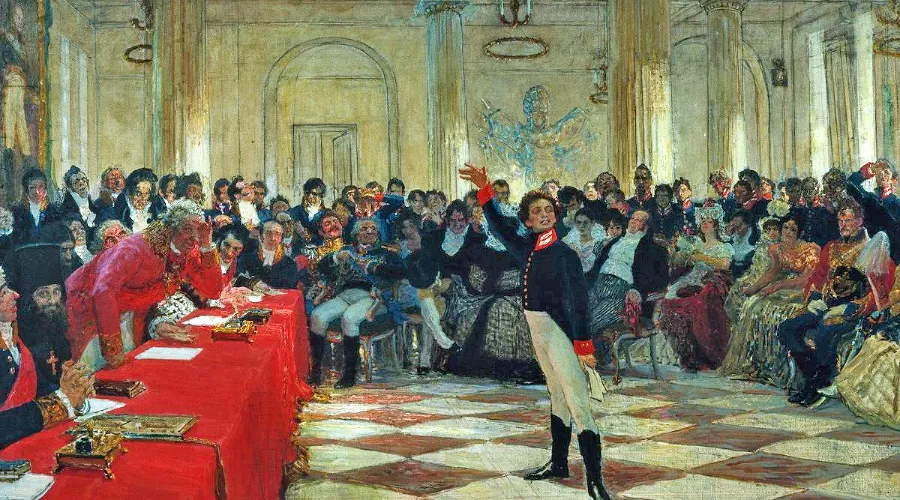«А.С. Пушкин на экзамене в Царском Селе 8 января 1815 года», Илья Репин &copy;&nbsp;Изображение является общественным достоянием