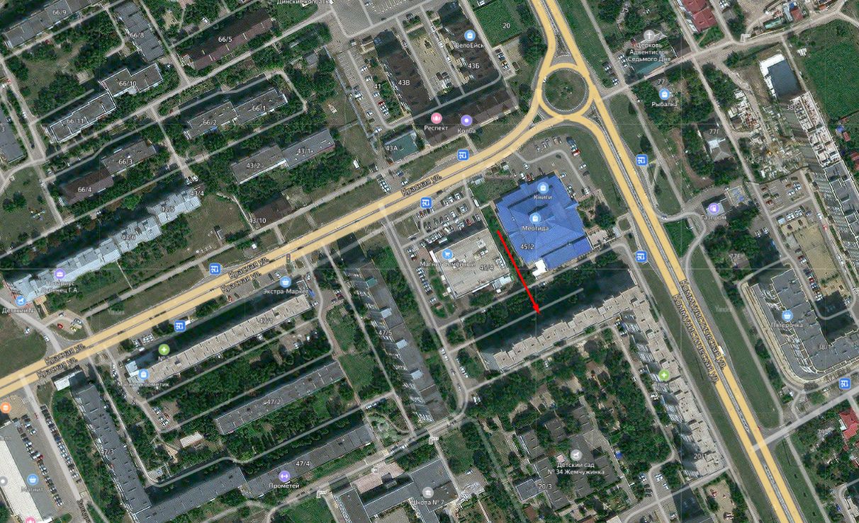 Спутниковый снимок кварталов Ейска, где упал СУ-34 © Скриншот yandex.ru/maps