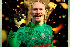 Матвей Сафонов в форме клуба «Пари Сен-Жермен» &copy;&nbsp;Скриншот публикации в телеграм-канале &laquo;Матч ТВ&raquo;, T.me/Match_TV