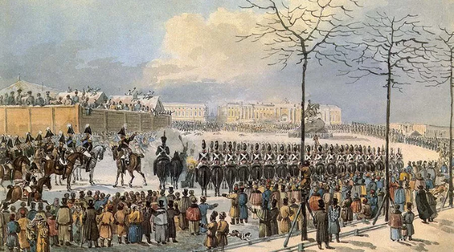Санкт-Петербург, Сенатская площадь, 14 декабря 1825 года, рисунок Кольмана из кабинета графа Бенкендорфа в Фалле &copy;&nbsp;Изображение является общественным достоянием