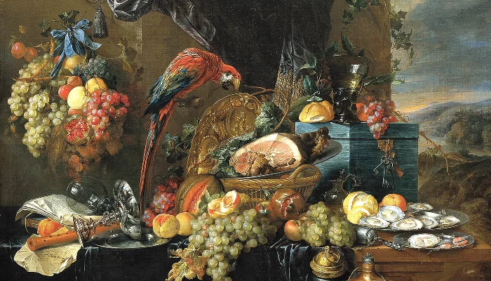 «Роскошный натюрморт с попугаем», Ян Давидс де Хем, 1650 год, картина находится в Картинной галерее Академии изящных искусств Вены &copy;&nbsp;Фото с сайта wikipedia.org