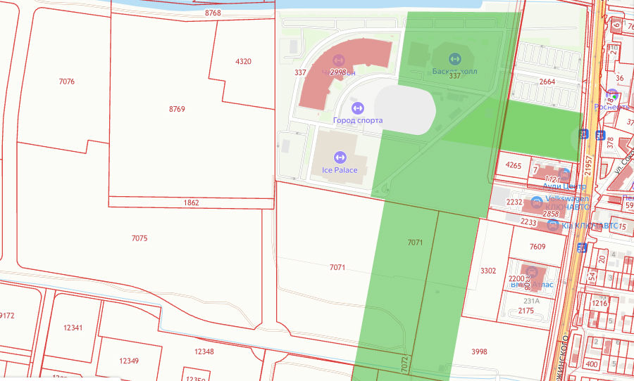 Кадастровая карта Краснодара; зеленым отмечена территория, отведенная под «Парк достижений» © Скриншот сайта egrp365.org