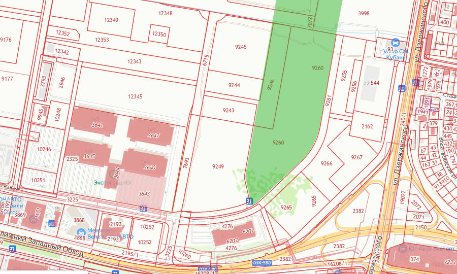Кадастровая карта Краснодара; зеленым отмечена территория, отведенная под «Парк достижений» © Скриншот сайта egrp365.org