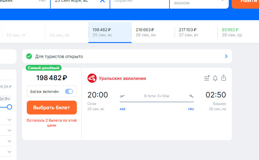 Цена авиабилета из Сочи в Бишкек © Скриншот сайта Aviasales.ru