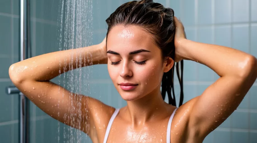 женщина моет водлосы в душе &copy;&nbsp;Сгенерировано с помощью нейросети shedevrum