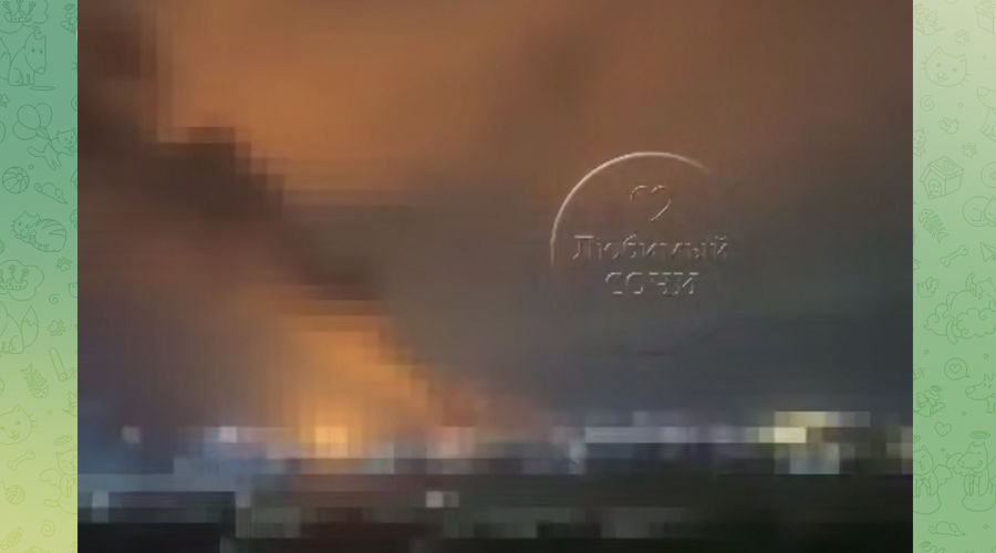 Горящая ночью 3 августа нефтебаза в Адлере; изображение отредактировано администраторами телеграм-канала «Любимый Сочи» в соответствии с требованиями безопасности &copy;&nbsp;Скриншот видео в телеграм-канале &laquo;Любимый Сочи&raquo;, t.me/love_sochi