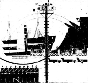 Исполнение &laquo;Симфонии гудков&raquo;: корабли, паровозы, автомобили, стрелки и дирижер, управляющий оркестром с высоты. Рисунок из журнала &laquo;Горн&raquo; (1923), автор неизвестен, общественное достояние