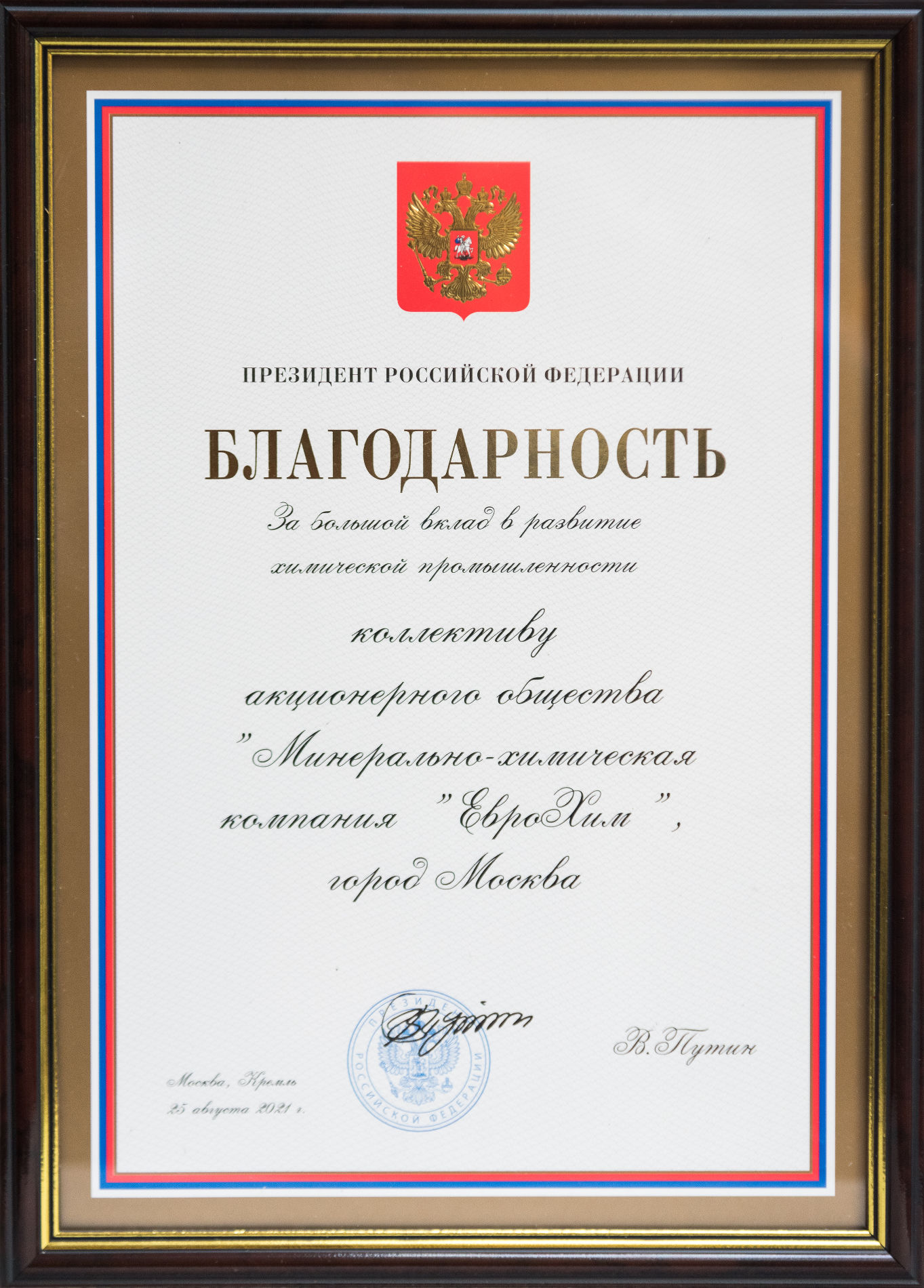 Благодарность президента «ЕвроХиму» © Изображение пресс-службы «ЕвроХима»