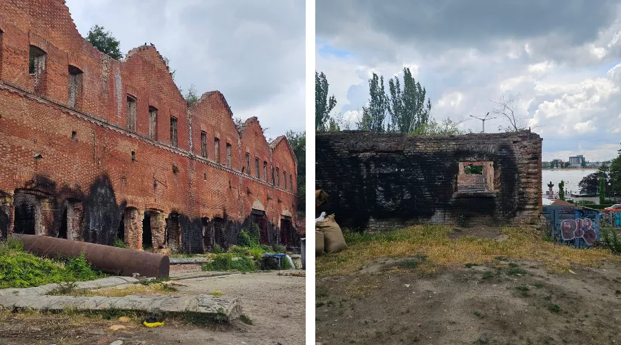 Измазанные краской Парамоновские склады &copy;&nbsp;коллаж из скриншотов фотографий из телеграм-канала &laquo;Тютина&raquo;