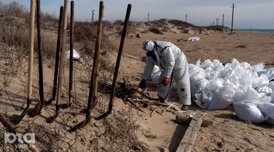 Уборка мазута волонтерами штаба «Шлагбаум» &copy;&nbsp;Фото Полины Безверхой, Юга.ру