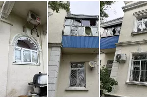 Поврежденное обломками БПЛА здание в Новороссийске &copy;&nbsp;Фото из телеграм-канала оперштаба Кубани, t.me/opershtab23