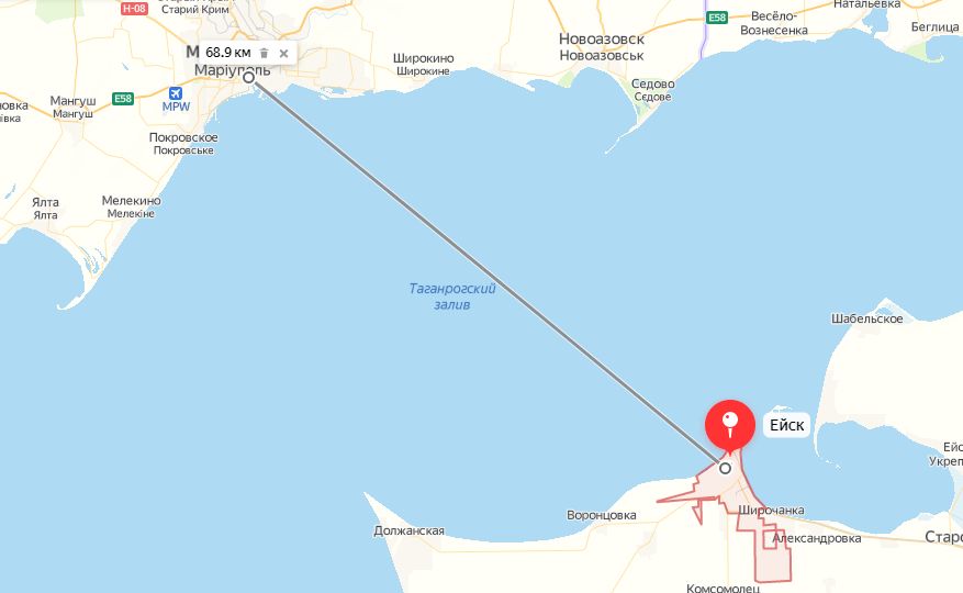 Расстояние от Ейска до Мариуполя © Скриншот сайта yandex.ru/maps