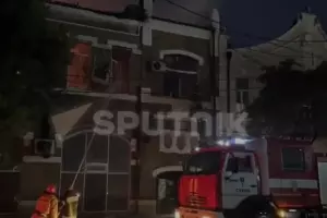 Пожар в Центральном выставочном зале Сухума, 21 января 2024 г. &copy;&nbsp;Фрагмент видеозаписи на сайте &laquo;Sputnik. Армения&raquo;, Ru.armeniasputnik.am