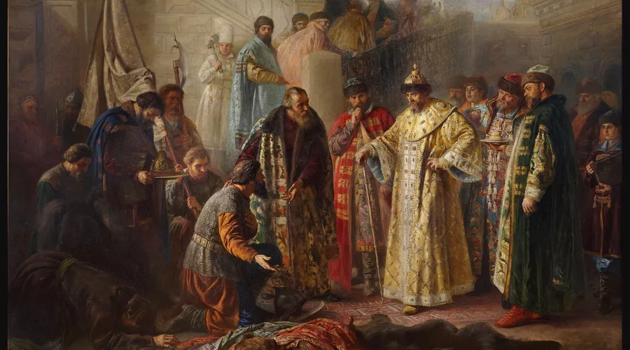 «Послы Ермака перед Иваном Грозным», Станислав Ростворовский, 1884 год &copy;&nbsp;Произведение искусства является общественным достоянием