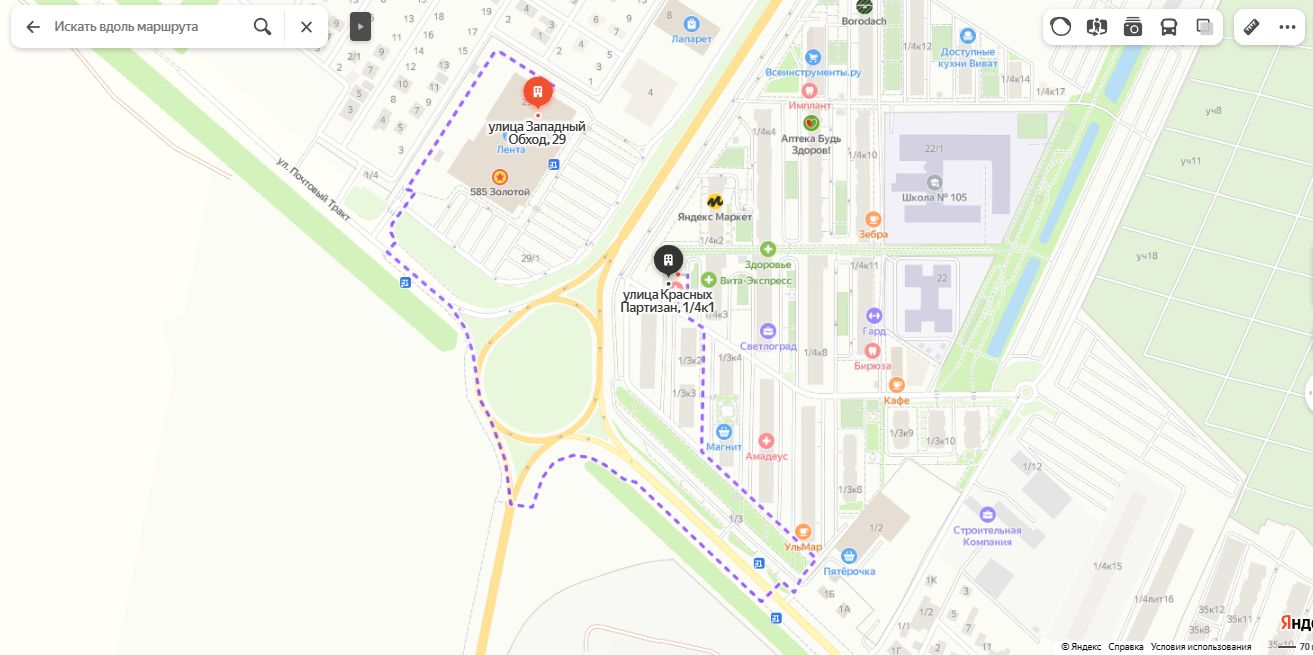 Путь к «Ленте» © Скриншот сайта yandex.ru/maps