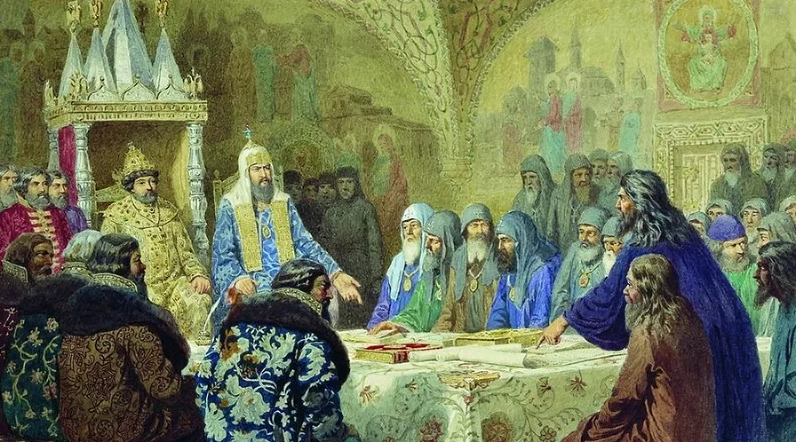 «Патриарх Никон пересматривает богослужебные книги», А. Д. Кившенко, 1880 год &copy;&nbsp;Изображение является общественным достоянием