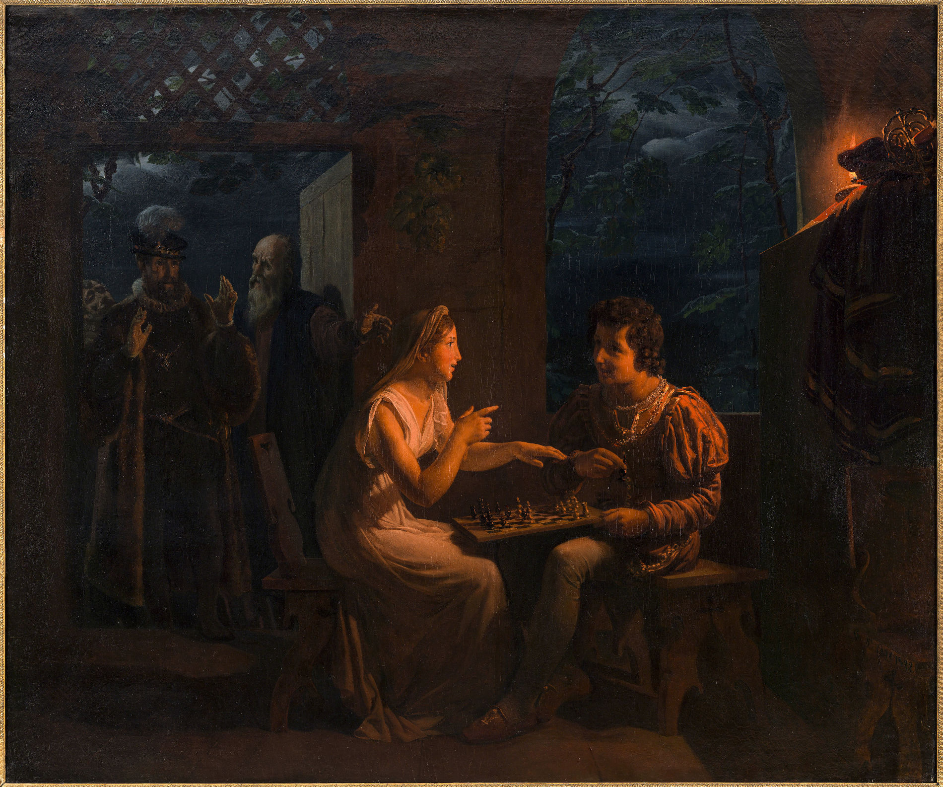 Картина «Миранда играет в шахматы с Фердинандом, шутливо обвиняя его в обмане» (Жилло Сент-Эвр, 1822) © Публичное достояние