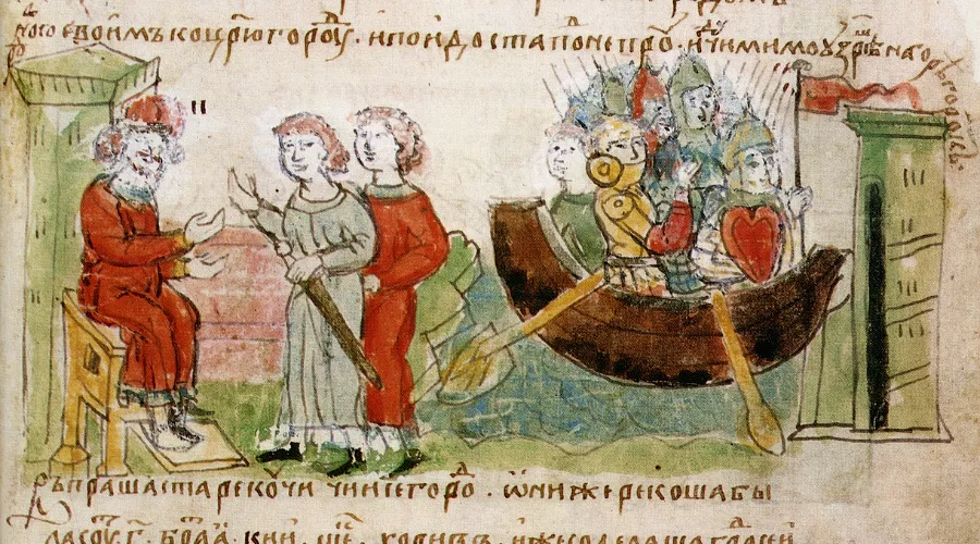 Рюрик разрешает Аскольду и Диру отправиться с походом на Царьград. Миниатюра из Радзивилловской летописи &copy;&nbsp;Изображение является общественным достоянием