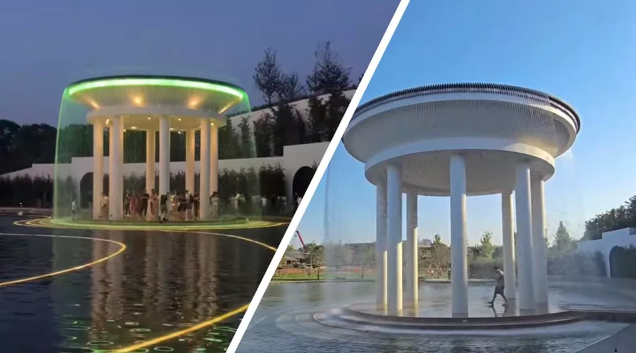 Фонтан-ротонда в «Парке Облаков»  &copy;&nbsp;Коллаж скриншотов из видео телеграм-канала &laquo;Парк Облаков парк Галицкого Краснодар&raquo;