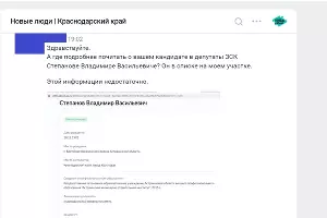 Реакция &laquo;Новых людей&raquo; на просьбу рассказать о кандидате &copy;&nbsp;Скриншот читательницы Юга.ру