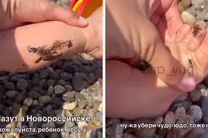 Ребенок в мазуте на пляже в Новороссийске &copy;&nbsp;Скриншоты видео телеграм-канала &laquo;ЧП Юг&raquo;