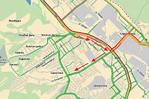 Поворот на Абрау-Дюрсо перед Новороссийском &copy;&nbsp;Графика сервиса &laquo;Яндекс.Карты&raquo;