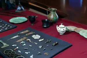 Внизу кадра — подвески в виде лошадей. Археологи могут предполагать, что это две половины одной подвески, но так как они конфискованы у археологов уже по-отдельности, хранить в музее их можно только как разные предметы &copy;&nbsp;Фото Юли Шафаростовой, Юга.ру