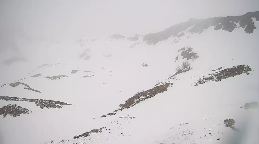 Курорт «Роза Хутор», 2100 метров, вид с Лавинного домика, 15 мая &copy;&nbsp;Скриншот с сайта sochi.camera