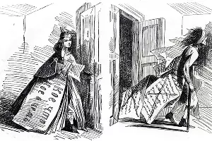 Статья до и после цензуры &copy;&nbsp;Карикатура Аполлона Б. &laquo;Искра&raquo;, 1863 г., №34 (675), стр. 456. Гравер: П. Куренков. Находится в общественном достоянии