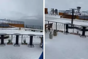 Снег в горах Сочи &copy;&nbsp;Коллаж из скриншотов видео телеграм-канала &laquo;Сочи Онлайн&raquo;