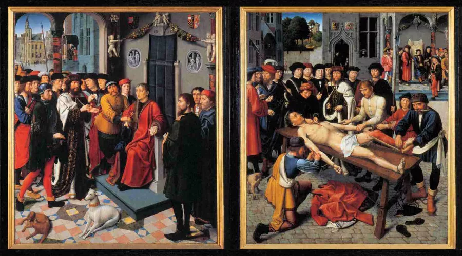 Слева — «Арест неправедного судьи Сисамна»; справа — «Казнь неправедного судьи Сисамна». Диптих «Сдирание кожи с продажного судьи» (1498 г.) &copy;&nbsp;Автор Герард Давид, общественное достояние