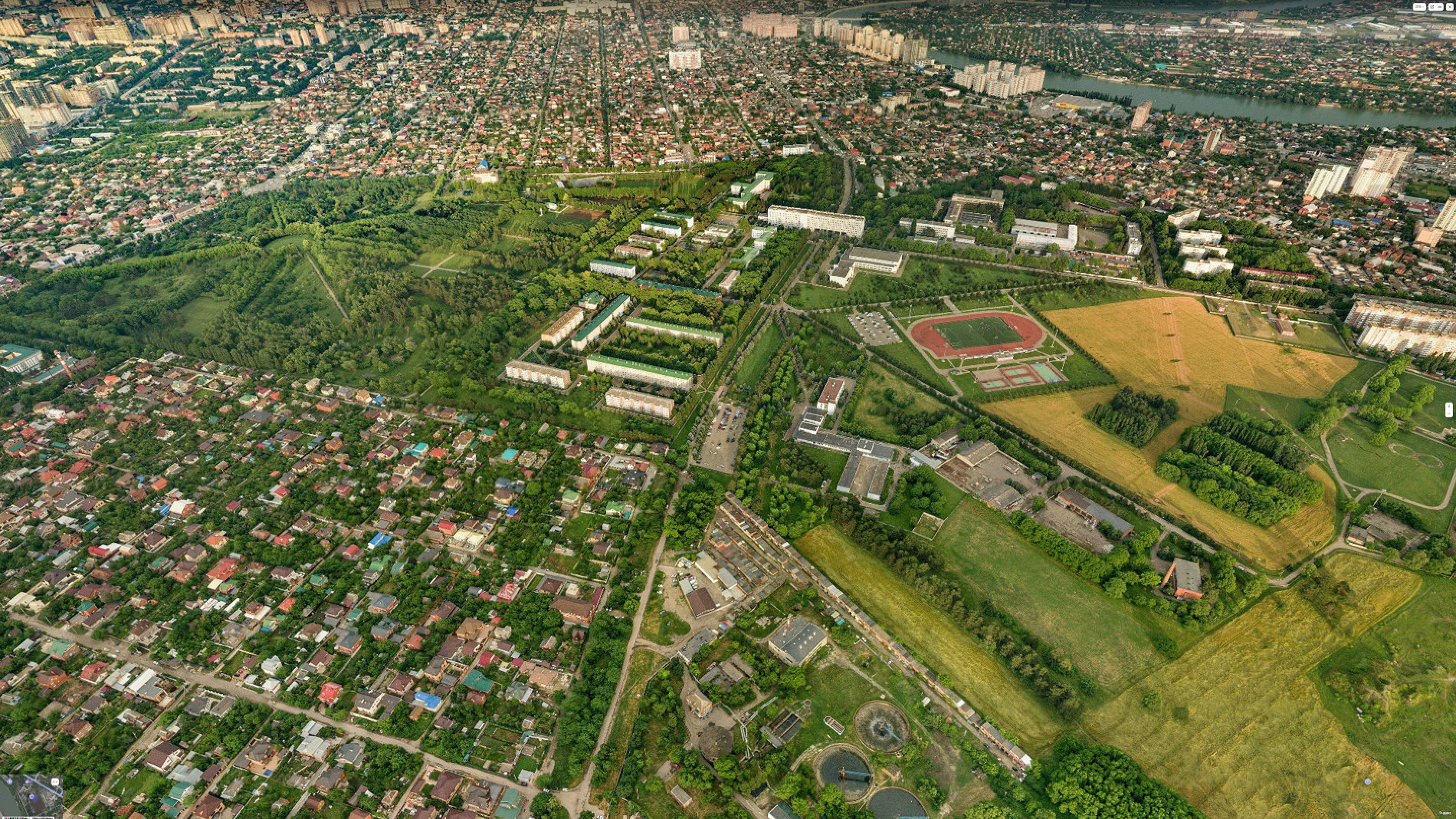 Вид на КубГАУ, Ботанический сад и очистные © Скриншот панорамы yandex.ru/maps 2018 года