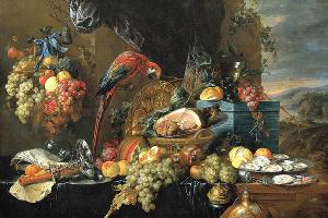 «Роскошный натюрморт с попугаем», Ян Давидс де Хем, 1650 год, картина находится в Картинной галерее Академии изящных искусств Вены © Фото с сайта wikipedia.org