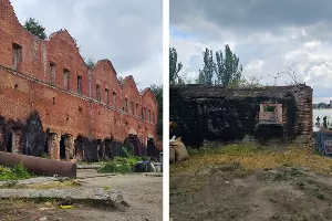 Измазанные краской Парамоновские склады &copy;&nbsp;коллаж из скриншотов фотографий из телеграм-канала &laquo;Тютина&raquo;