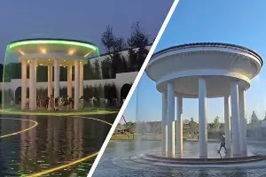 Фонтан-ротонда в «Парке Облаков»  &copy;&nbsp;Коллаж скриншотов из видео телеграм-канала &laquo;Парк Облаков парк Галицкого Краснодар&raquo;