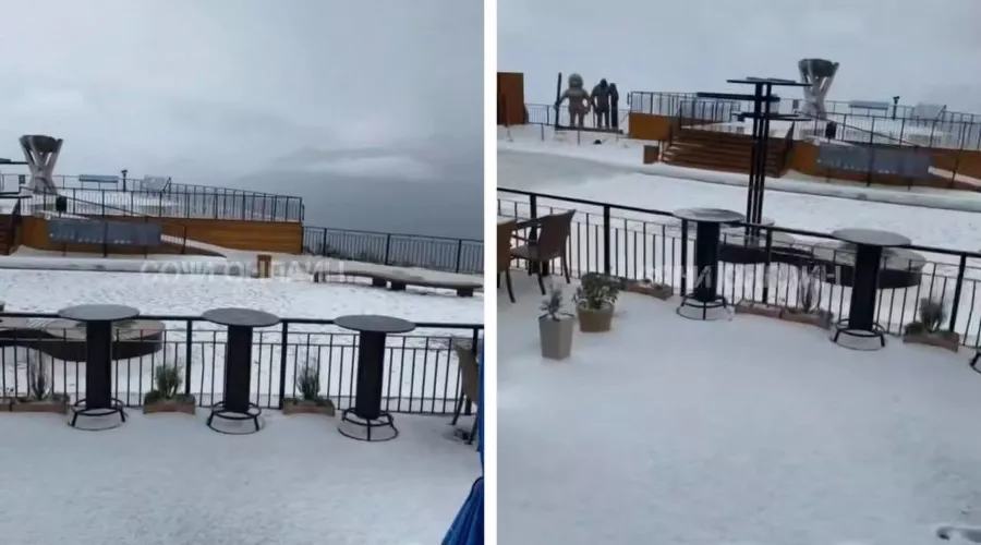 Снег в горах Сочи &copy;&nbsp;Коллаж из скриншотов видео телеграм-канала &laquo;Сочи Онлайн&raquo;