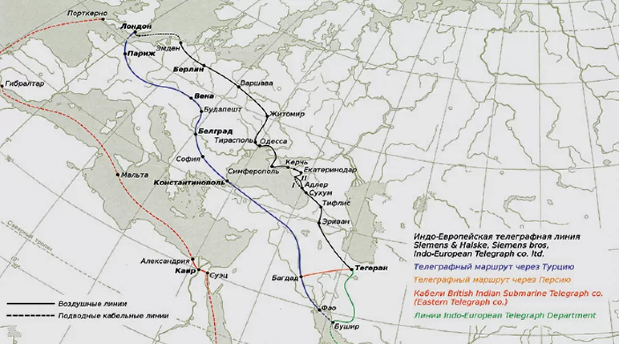 Карта Индо-Европейских телеграфных линий в 1871 году &copy;&nbsp;Иллюстрация Егора Сухова из журнала &laquo;Первая миля&raquo;, выпуск #8/2021