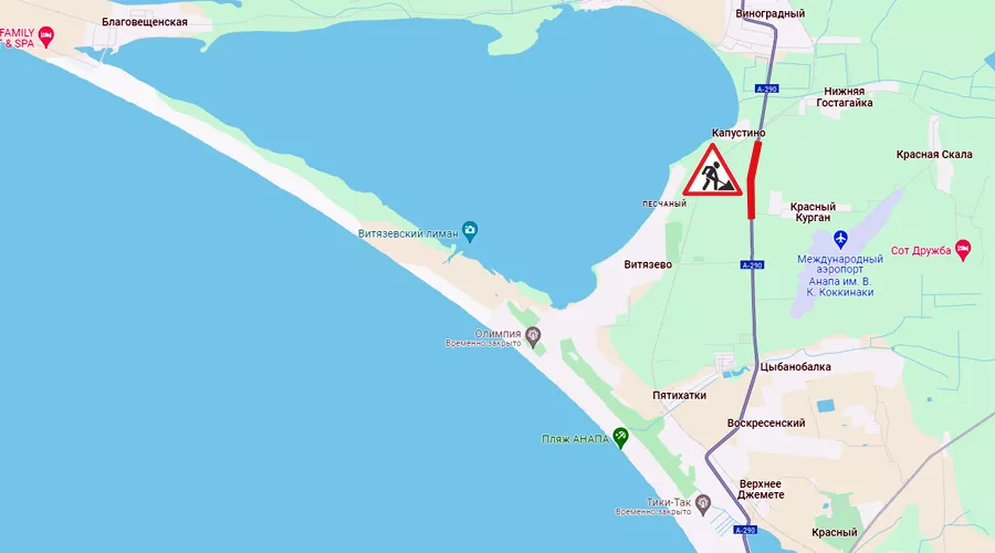 Красным цветом отмечено место, где летом 2024 года будет перекрыта трасса А-290 &copy;&nbsp;Скриншот сайта Google.com/maps