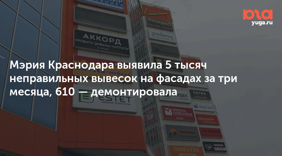 Мэрия Краснодара выявила 5 тысяч неправильных вывесок на фасадах за три месяца, 610 — демонтировала