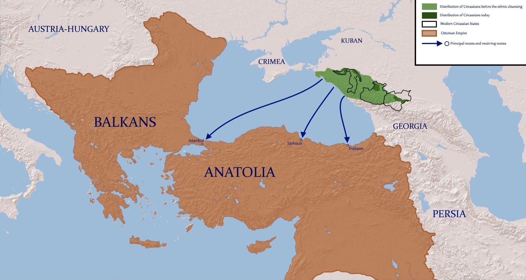 Основные направления переселения черкесов в Османскую империю © Изображение пользователя Ercwlff с сайта wikipedia.org, по лицензии CC BY-SA 3.0