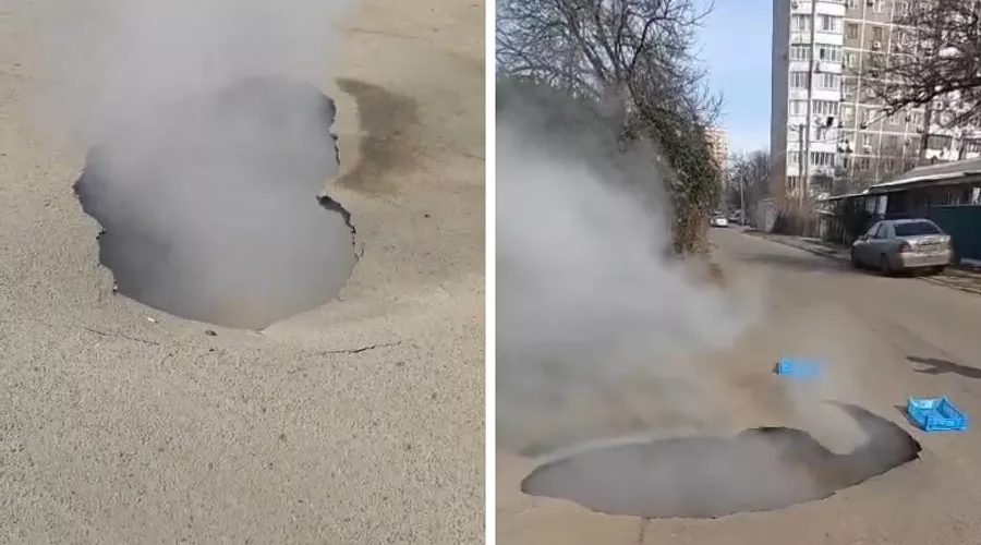 Провал асфальта во 2-м проезде Айвазовского, 2 марта 2025 г. &copy;&nbsp;Скриншот видео в телеграм-канале МЦУ &laquo;Краснодар&raquo;, t.me/mcu_krd