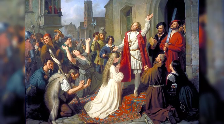 Иоанн Лейденский на крещении девушек &copy;&nbsp;Изображение является общественным достоянием