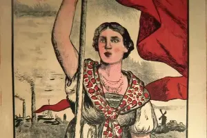 Плакат &laquo;Работница свободной России! Крепче держи знамя коммунизма. За тобой идут женщины всего мира на борьбу с капиталом&raquo;. Автор Плотник Грав, 1921 г. &copy;&nbsp;Фото с сайта http://redavantgarde.com/collection/show-collection/1392-a-worker-of-free-russia-hold-tight-to-the-banner-of-communism-women-from-all-over-the-world-are-following-you-to-fight-against-capital-.html?themeId=55