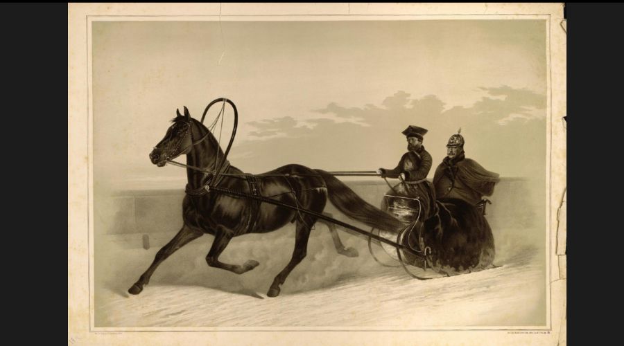 Император Николай I, едущий в одноместных санях, неизвестный гравер, 1853 год, работа хранится в Эрмитаж &copy;&nbsp;Скриншот изображения с сайта www.hermitagemuseum.org