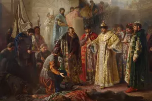 «Послы Ермака перед Иваном Грозным», Станислав Ростворовский, 1884 год &copy;&nbsp;Произведение искусства является общественным достоянием