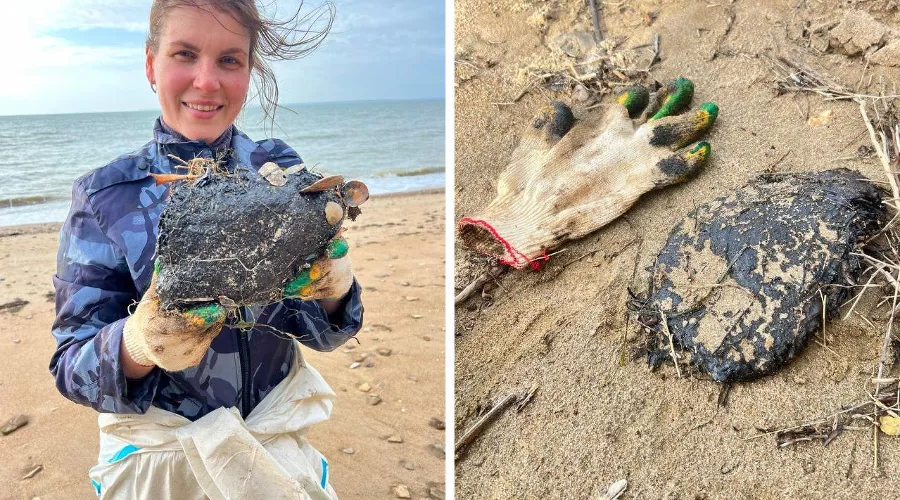 Мазут у косы Тузла в Керченском проливе, снято 7 января 2026 года &copy;&nbsp;Скриншоты фото из телеграм-канала штаба &laquo;Дельфины&raquo;